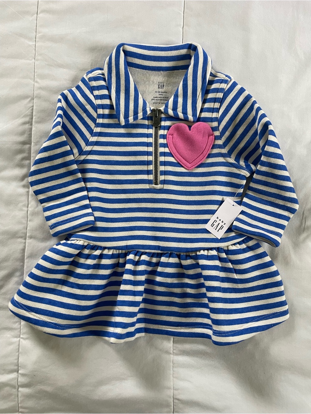 Baby GAP Blue & White Striped Zip-Front Baby Dress with Pink Heart